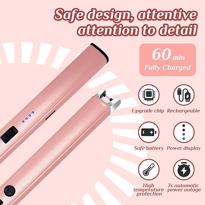 2 PCS Candle Lighter,Windproof Flameless Electric Lighter with LED Power Display ＆ Safety Switch, Upgraded Plasma USB Rechargeable Lighters for Birthday Camping BBQ (Pink)