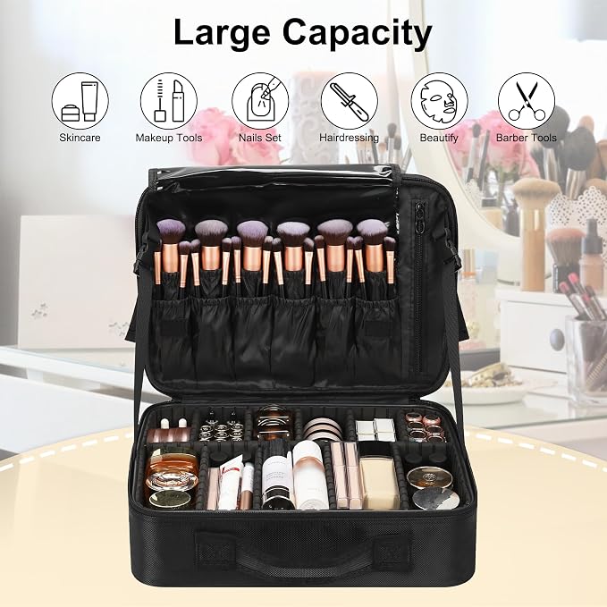 Relavel Travel Makeup Train Case Cosmetic Case Organizer Portable Artist Storage Bag with Adjustable Dividers for Cosmetics Makeup Brushes Toiletry Jewelry Digital Accessories