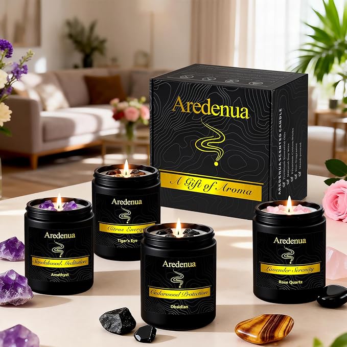 Scented Candles Set, 4 Pack Crystal Healing Candles with Rose Quartz Amethyst Tiger Eye Obsidian, 7oz Natural Soy Wax Candles, Lavender Citrus Sandalwood Cedar, Meditation Gifts for Women Men