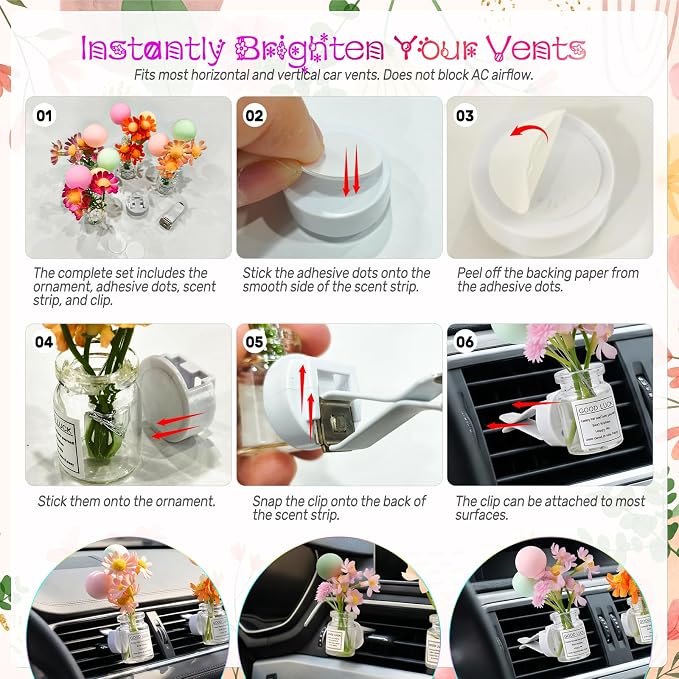 CusDusk 4 Pcs Flowers with Ballons Car Vent Clips, Cute Daisy Plants Vase Air Conditioning Outlet Clip with Fragrance Pads, Charm Scent Perfume Automotive Interior Decorations for Women