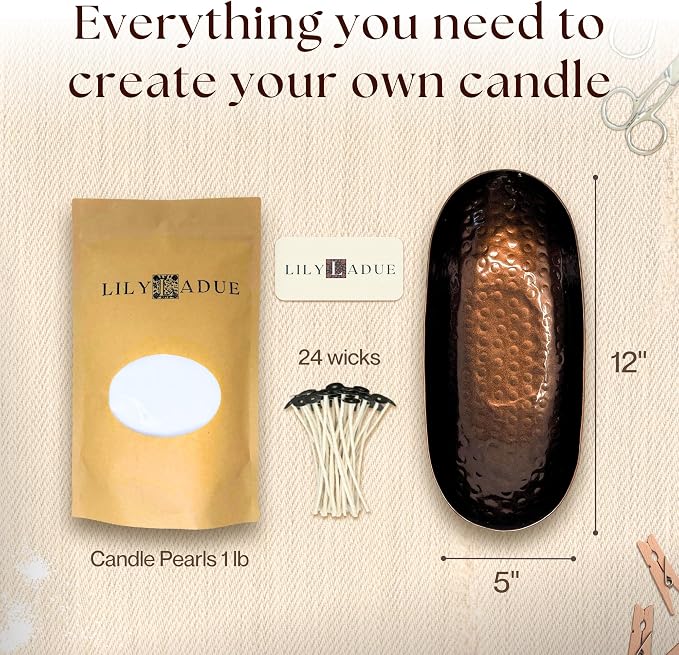 LILY LADUE Sand Candle Kit - 1Lb/16Oz Pearled Candles Sand and Wicks (24) with Bronze Holder, Unscented Aroma Beads, Reusable Pearled Candle Wax for DIY Home Kit, Powder Beads Refill Available
