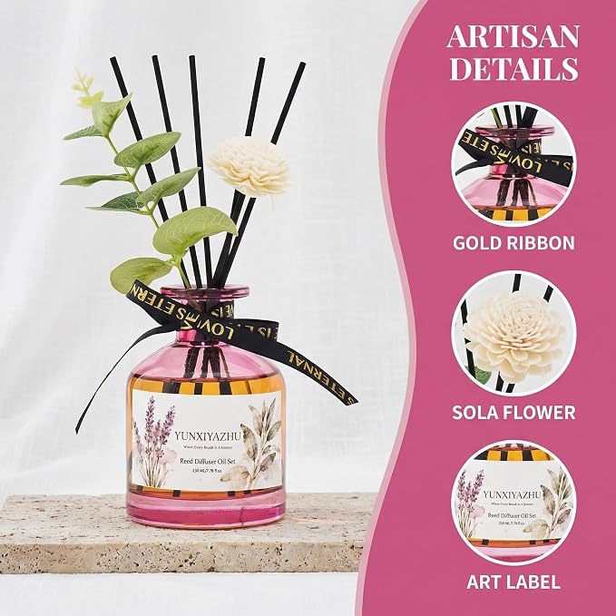 Reed Diffuser, Rose, 7.78 fl oz, Oil-Based Alcohol-Free Flameless Fragrance for Home Decor