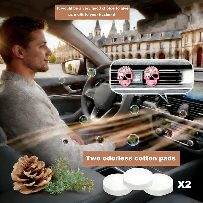 Gothic Skull Car Air Freshener Vent Clips with 2 Pads, Halloween Scented Car Accessories for Men Women, Automotive Interior Decor and Cool Car Fresheners for Men， Spooky Gift Idea-A6