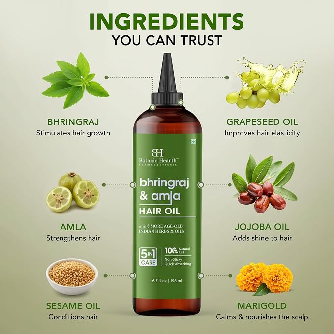 Botanic Hearth Bhringraj & Amla Hair Oil | Nourishing Scalp & Hair Oil for Dry, Frizzy Hair | Supports Fuller-Looking Hair & Shine | Lightweight Botanical Formula | No Harsh Additives | 6.7 fl oz