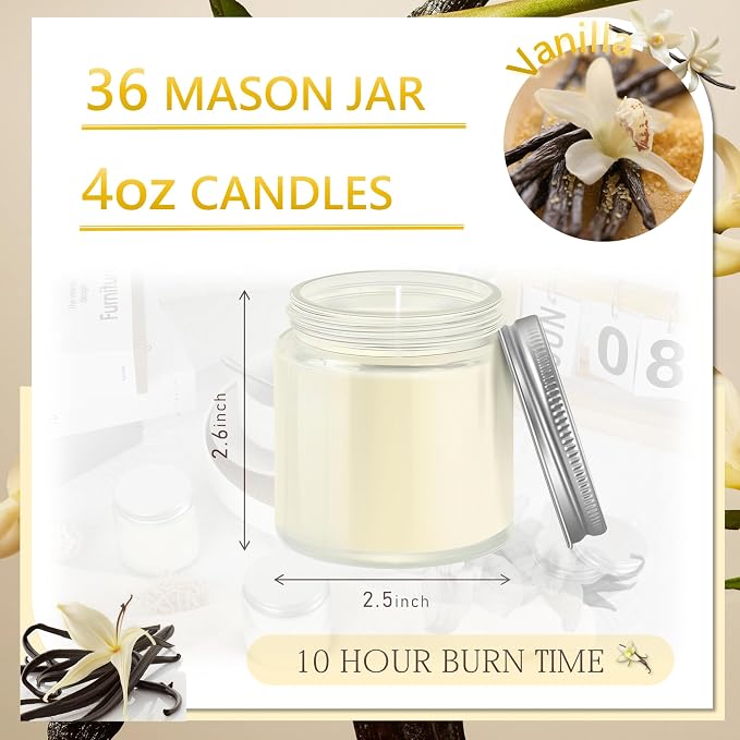 36 Pcs 4 Oz Mason Jar Candles, Vanilla Scented Soy Candles Bulk Set for Stress Relief and Relaxation, Great Favors for Wedding, Christmas, Housewarming Gifts (Silver, Vanilla, 36)