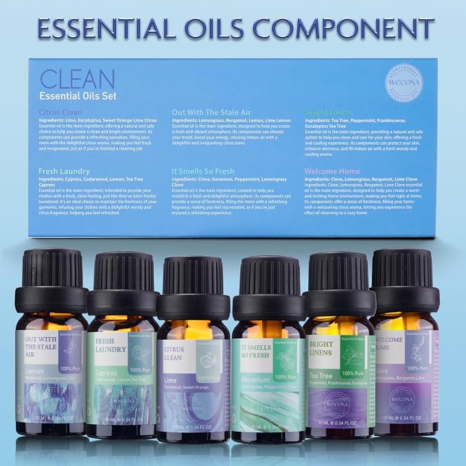 Wecona Essential Oils for Laundry - 100% Pure Essential Oils for Diffusers for Home,6x10ml(Clean)- Aromatherapy Oils for Soap,Candle Making,Humidifiers,Dryer Balls