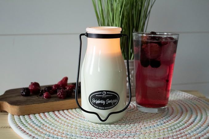 Milkhouse Candle Company Raspberry Sangria Soy Candle - Pink Rose | Rosewater | Pink Pear Scented - 14 oz Milkbottle with Lid, 90+ Hour Burn Time, Made in the USA