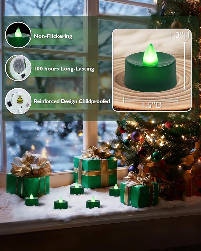 Amagic Green LED Tea Lights Candles, 24 Pack Battery Operated Flameless Tea Lights, Long Lasting Colored Tealight Candles for Halloween and Christmas, Holiday Decor, Theme Party, Seasonal Celebrations
