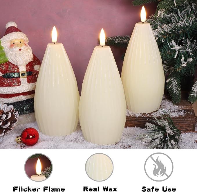 Ivory White Ribbed Flameless Candles Battery Operated with Remote Geometric Aesthetic Stripe Flickering Realistic LED Real Wax Candle Vintage Home Decor for Christmas Table Fireplace Mantel, 3 Pack