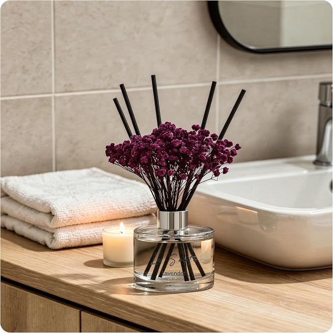 Reed Diffuser Set (6.7fl oz), Natural Lavender Essential Oil Fragrance with Glass Bottle, Black Rattan Sticks & Preserved Flowers, Up to 120 Days Lasting Fragrance for Home & Office
