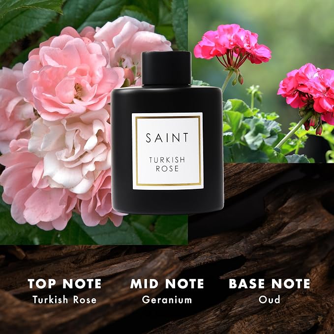 SAINT Reed Diffuser Set with Scent Diffuser Sticks, 5oz, Turkish Rose | Long-Lasting Oil Diffuser in Matte Black Glass Jar, Aroma Diffuser for Home, Bedroom, or Bathroom