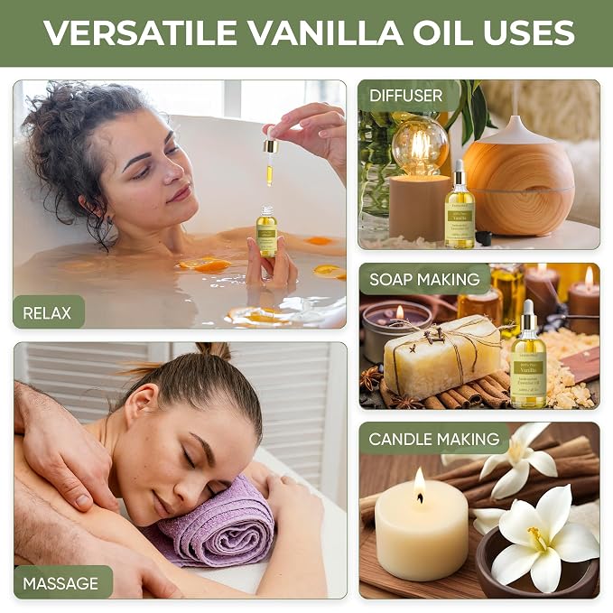 Vanilla Essential Oil for Diffuser 4oz - 100% Natural & Organic - Infused with Olive & Sunflower Oils - Perfect Vanilla Oil for Skin, Body, Candle Making, Soap Making, & Aromatherapy