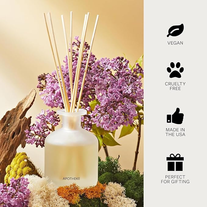 Apotheke Luxury Scented Reed Diffuser for Home, White Vetiver - 6.7 Fl Oz Essential Oil Aromatherapy - 10 Rattan Scent Sticks Room Diffuser - Long-Lasting Fragrance for Bedroom, Home, Bathroom