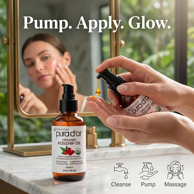 PURA D'OR ORGANIC Rosehip Seed Oil 100% Pure Cold Pressed USDA Certified For Hair, Skin, Scalp, Anti Aging Face & Body - Hexane Free Glass Bottle - 4 Oz - Hair Regrowth Tonic
