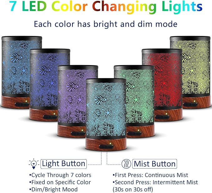 EQUSUPRO Essential Oil Diffuser 150ml Black Metal Aromatherapy Oil Diffuser Ultrasonic Cool Mist Diffuser with Auto Shut-Off Protection,7 Colors Changed LED for Home Office SPA Yoga