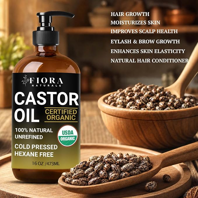 Fiora Naturals Organic Castor Oil in Glass Bottle – 16 Oz Cold Pressed & Hexane-Free – USDA Certified – Skin Moisturizer, Hair Growth Oil For Lashes, Brows, Skin & Scalp – with Pump
