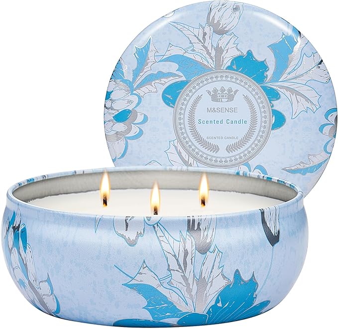 M&SENSE Ocean Waters Scented Candles 12oz, Large 3 Wick Soy Tin Candle, Over 40 Hour Burning Time, 100% Natural Vegan Wax Relaxing Aromatherapy Aesthetic Candle Gift for Women Men