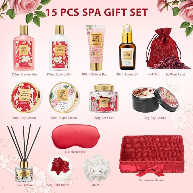 Spa Gifts for Women, Skin Care Gift Set - Rose Spa Gift Baskets for Women