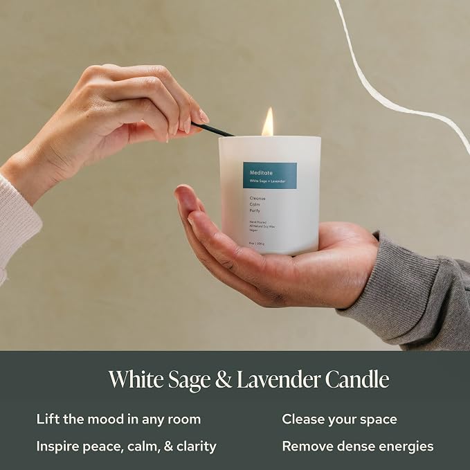 Mindful Modern Natural Meditate Candle | White Sage and Lavender Hand-Poured Soy Wax Stress Relief | Aromatherapy Candle | Elegant Scented Home Fragrance | Clean, Even, Longer Burn | 8 oz Glass Jar