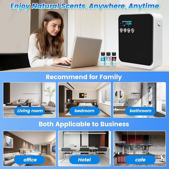 Waterless Essential Oil Diffuser,Whole House Oil Air Diffusers for Home,Hotel,Aromatherapy Scent Diffuser with APP Control & Touch Screen,1500 sq.ft Coverage,Adjustable Level & Auto Timer,Quiet,Black
