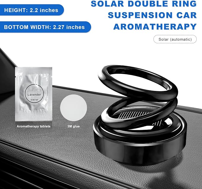 Solar Rotating Car Air Freshener, Solar Energy Refillable Car Dashboard Aromatherapy Ornament, Double Ring Fragrance Diffuser Decorative Accessories for Vehicle Home Office (Black)