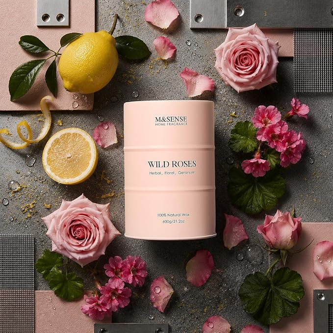 M&SENSE Wild Rose Large Natural Scented Candle, 120 Hours Long Lasting Soy Candles 21.2oz, Stress Relief Luxury Aromatherapy Candles for Women, Romantic Candle Valentines Day Gifts