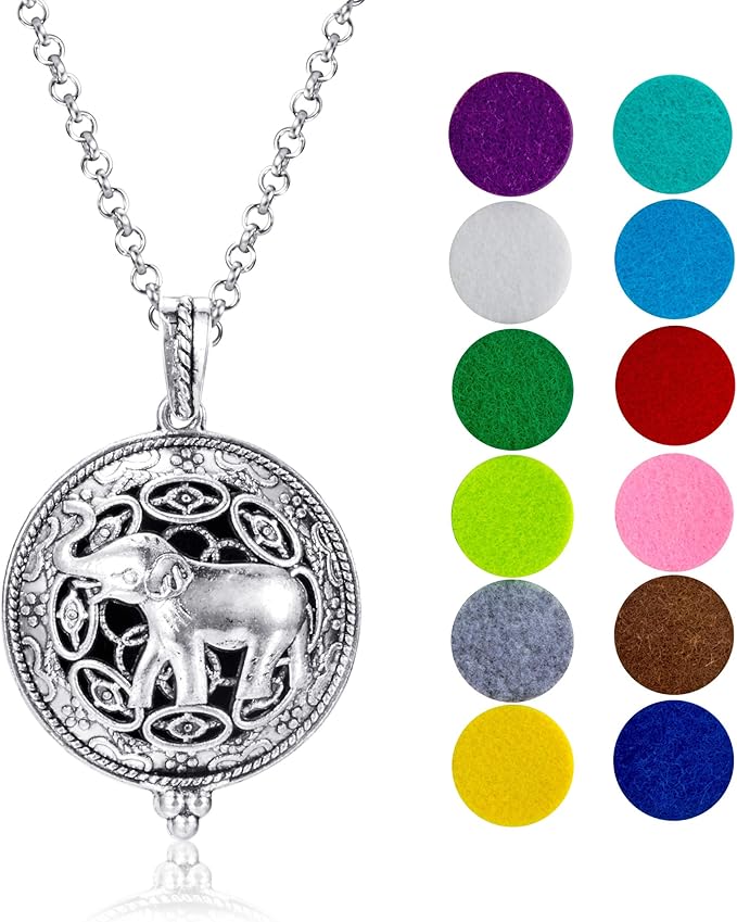 Wild Essentials Elephant Essential Oil Diffuser Necklace Gift Set with Inner Calm & Relax Oils – Nickel Free Alloy Pendant with 12 Color Pads – USA Made Oils & Perfume Necklace – Family Company