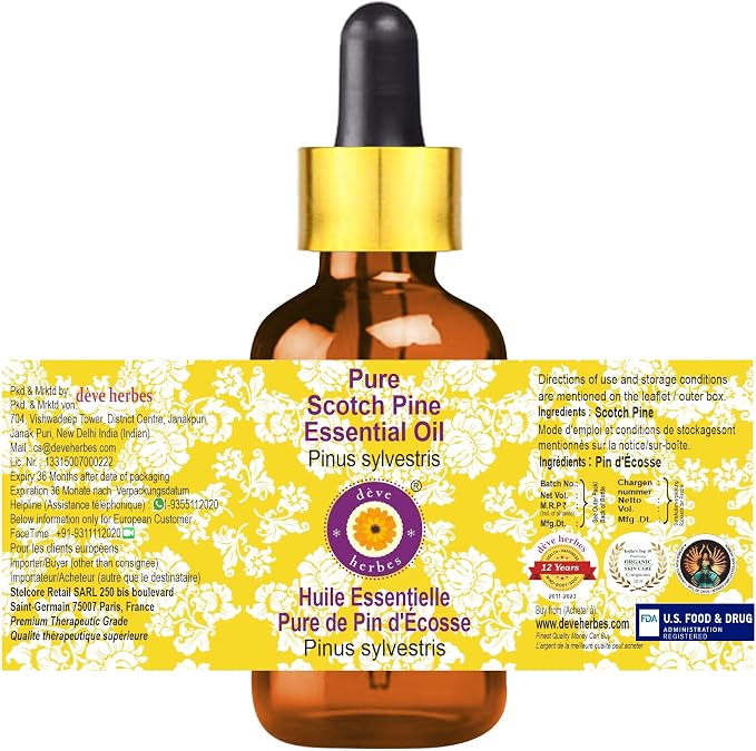 Deve Herbes Pure Scotch Pine Essential Oil (Pinus sylvestris) Steam Distilled with Glass Dropper (Pack of Three) 100ml X 3 (10 oz)
