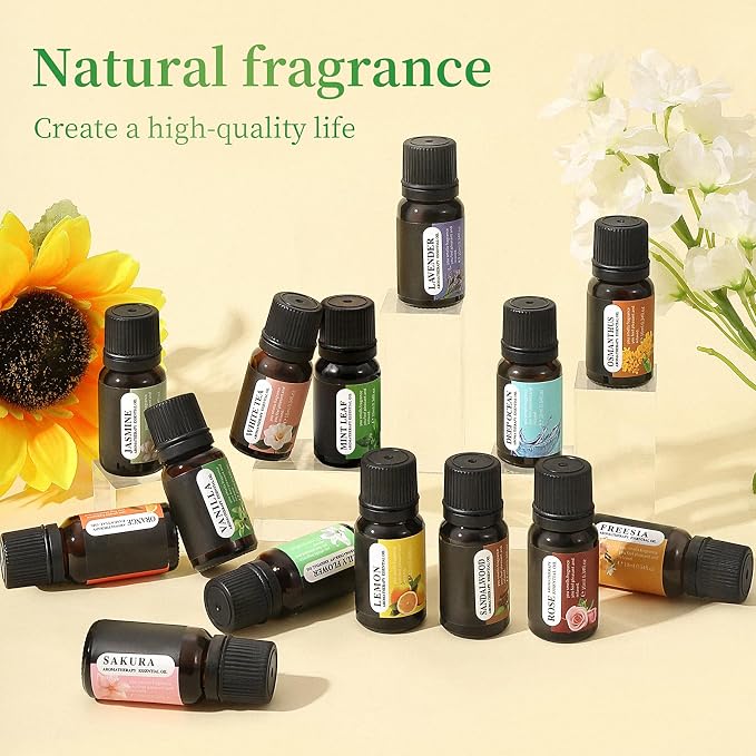 Essential Oils Set, 12 Scents, 10 ML Bottles, Lavender, Lemon, Rose, Jasmine, Vanilla, Sandalwood and More, for Humidifiers, Diffusers, Aromatherapy
