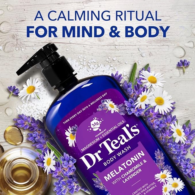 Dr Teal's Melatonin Body Wash and Body Lotion Set with Chamomile & Lavender, Magnesium & Essential Oils, 24 fl oz and 18 fl oz