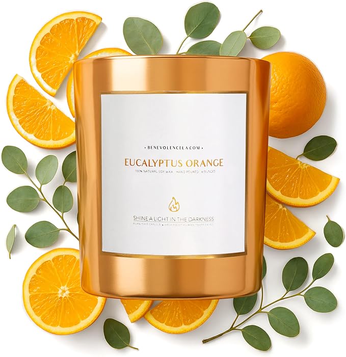 Benevolence LA Premium Eucalyptus Orange Scented Candle – Long-Lasting, 45-Hour Burn – Luxury Natural Soy Wood Wick Candle for Home – Aromatherapy & Room Decor – 8oz