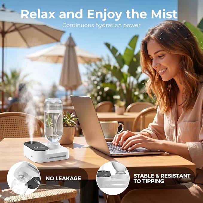 Travel Humidifier, Portable Mini Cool Mist Humidifier, Small Bottle Humidifier with Auto Shut-Off, Night Light, USB Rechargeable, for Bedroom, Office, Hotel, Car and Plants,White