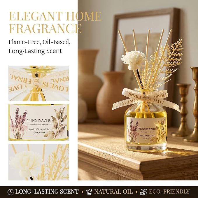 Reed Diffuser, Lavender, 7.78 fl oz, Oil-Based Alcohol-Free Waterless Flameless Pet-Friendly Home Scent