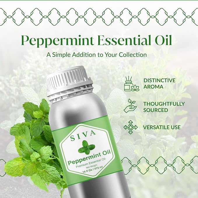 Siva Peppermint Essential Oil 16 Fl Oz – for Diffuser, Skin & Hair Care – Ideal for Aromatherapy, Massage & DIY Blends