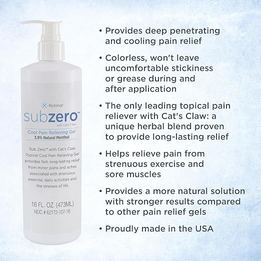 Sub Zero Cooling Pain Relief Gel, 16oz Bottle with Pump - Joint Relief and Nerve Pain Relief Cream for Muscle Deep Pain Relief and Arthritis Relief