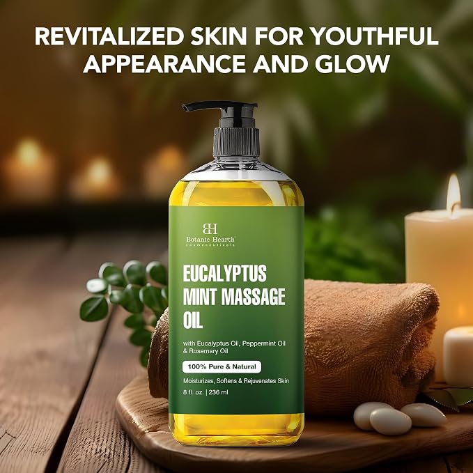 Botanic Hearth Eucalyptus Massage Oil 8 Fl Oz | Refreshing, Relaxing Massage Oils for Muscle Relaxing & Joint Comfort | Made with Natural Oils | for All Skin Types, for Men & Women