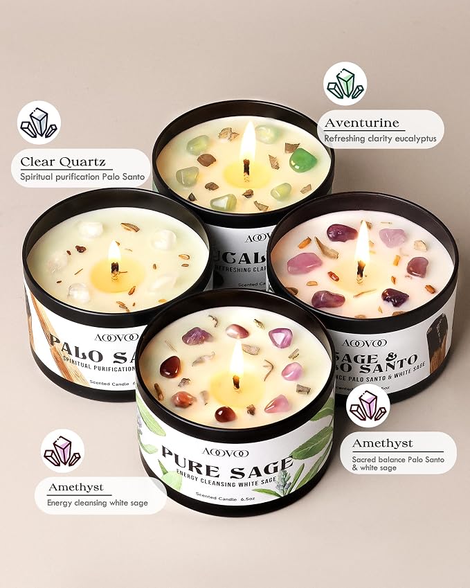 AOOVOO 4 Pack Sage Candles - Sage, Palo Santo, Sage & Palo Santo, Eucalyptus Mint Candle Set with Crystals & Decor, 26oz 200 Hours Long Lasting, Non Toxic Candles for Spiritual House Energy Cleansing