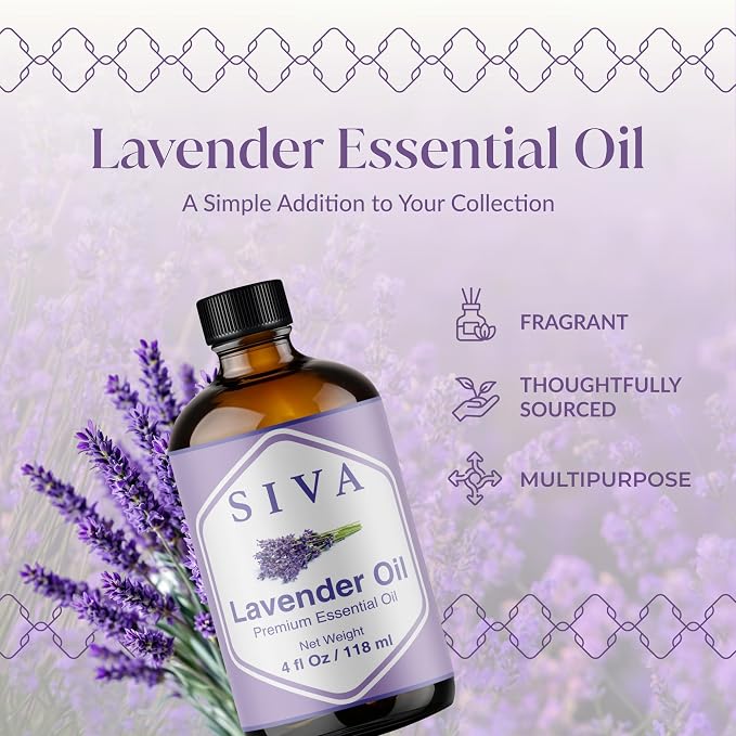 SIVA Lavender Essential Oil 4 Fl Oz – For Diffuser, Skin & Hair Care – Ideal for Massage & DIY Blends – with Dropper