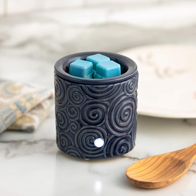 Blue Swirl Ceramic Candle Warmer Electric with Safety Timer | Automatic Plug in Fragrance Warmer for Scented Wax Melts, Cubes, Tarts | Air Freshener Set for Home Décor, Office, and Gifts