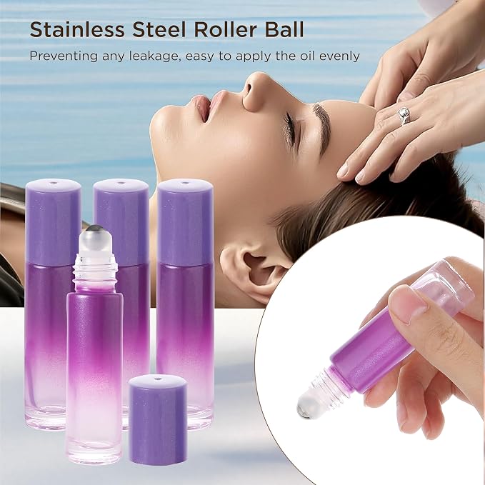 SESENSE Essential Oil Roller Bottles, 10ml Thick Glass Perfume Roller Bottles with Funnel Opener and Dropper Colored Glass Empty Bottles with Stainless Steel Roller Balls (Purple, 12 Pack)
