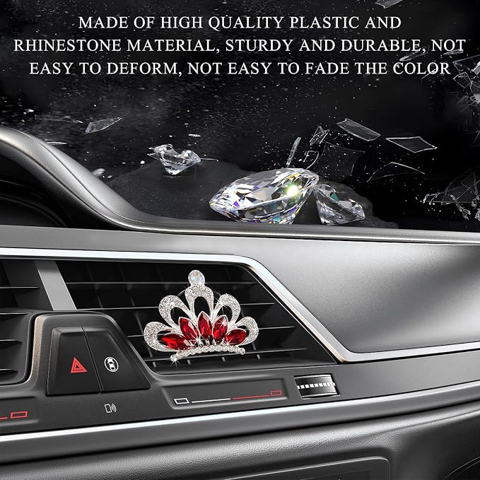 Yourkar 2 PCS Bling Car Air Vent Clips, Crystal Rhinestone Crown Vent Decorative Air Freshener Clips, Sparkly Diamond A/C Outlet Aroma Diffuser Clip for Vehicles, Car Accessories (Red)