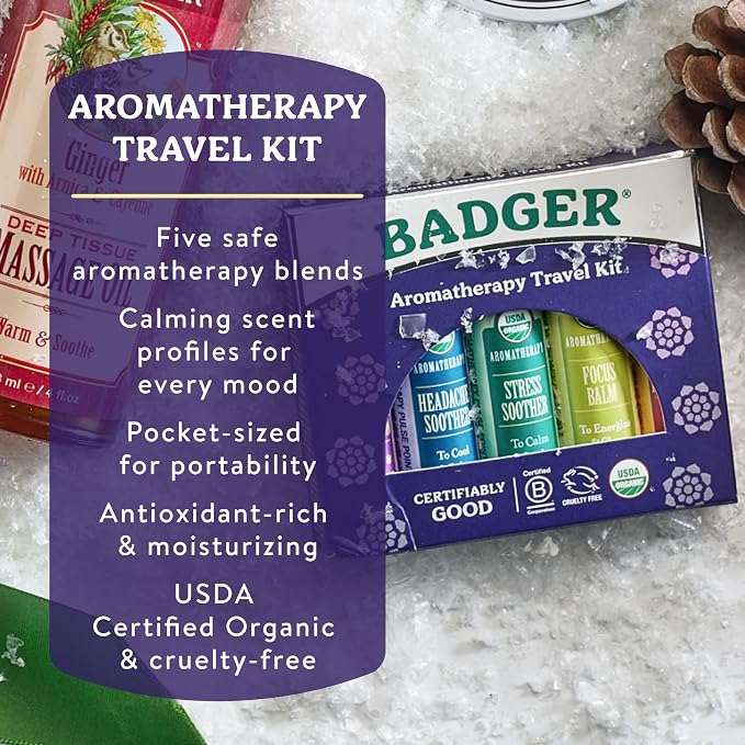 Badger Aromatherapy Travel Set, Organic Essential Oil Balm Variety Pack, Aromatherapy Gift Set, 1 Cheerful Mind, 1 Stress Soother, 1 Focus Balm, 1 Headache Soother, 1 Yoga & Meditation Balm, 5-Pack
