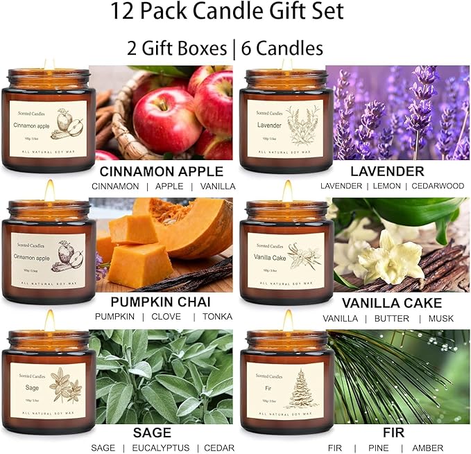 Scented Candles Gift Set for Home, 12 Pack Aromatherapy Soy Candles, 6 Fragrance Scents with 2 Gift Boxes, Long Lasting Small Candles for Relaxation, Bathroom Bedroom Office Gifts for Women