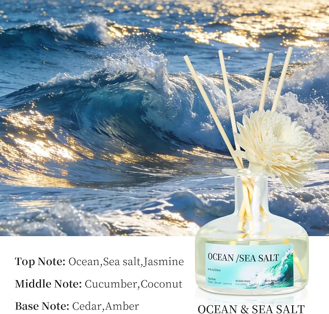 8.45 oz Salt Scent Diffusers with 6 Reed Sticks,250ml Reed Diffuser for Bathroom Room Air Freshener, Last up for 50 Days