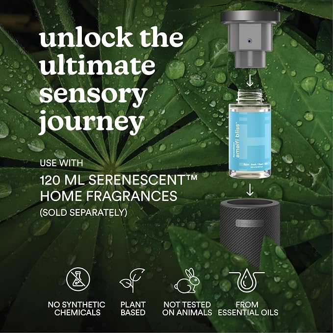 Homedics SereneScent Waterless Essential Oil Diffuser, Cordless Rechargeable Aromatherapy Diffuser for Home, Large Room Scent Machine, Timer, App Control, 6 LED Lights, No Water Needed, Black