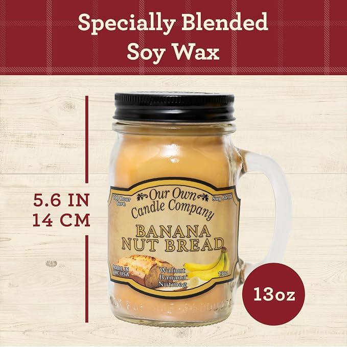 Our Own Candle Company, Banana Nut Bread Scented Mason Jar Candle, 100 Hour Burn Time - 13 Ounces