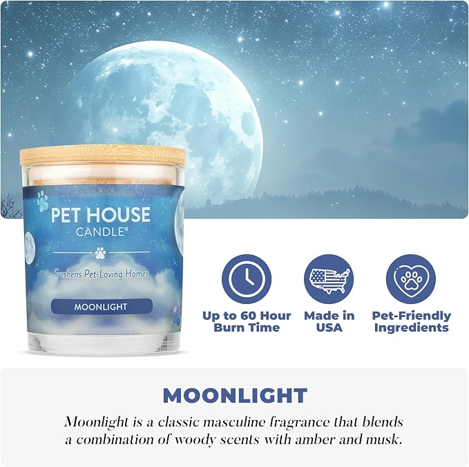 One Fur All Pet House Candle 2 Pack - Plant-Based/Soy - Clean Burning Scented, Long Lasting Pet Odor Candle for Home - Moonlight