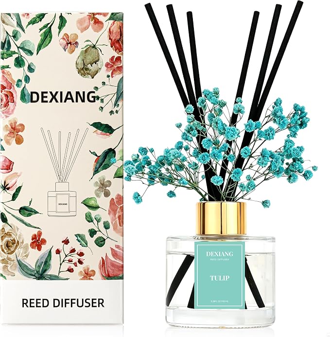 Reed Diffuser Set, 3.38 fl oz (100ml) Tulip Scent Oil Diffuser with 6 Reed Sticks, Natural Home Fragrance Reed Diffuser for Bathroom, Bedroom, Living Room Shelf Decor
