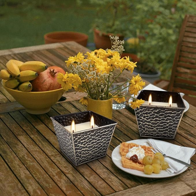 Citronella Candles 4 Pack - 2 Wicks Outdoor & Indoor Ambience Candles Vintage Hammered Metal Jar, Smokeless Clean Burning, Summer Gift for Patio, Garden, Camping & Picnic