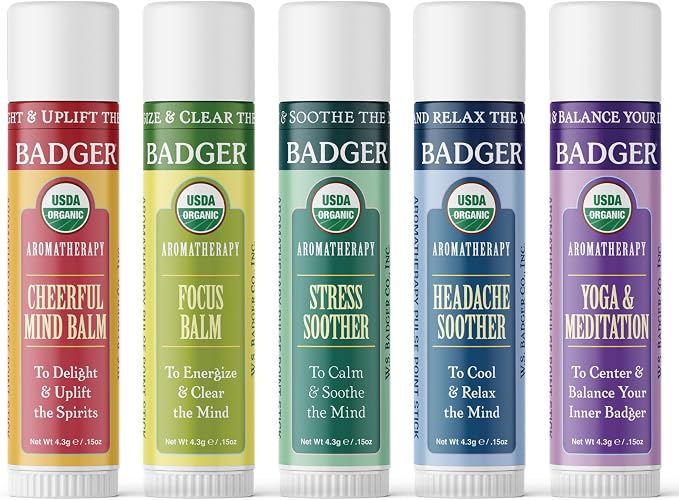 Badger Aromatherapy Travel Set, Organic Essential Oil Balm Variety Pack, Aromatherapy Gift Set, 1 Cheerful Mind, 1 Stress Soother, 1 Focus Balm, 1 Headache Soother, 1 Yoga & Meditation Balm, 5-Pack